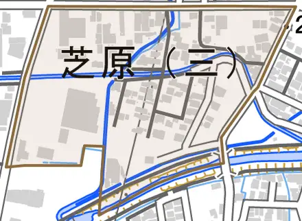 芝原三丁目とその周辺の地図。町の範囲を重ねている