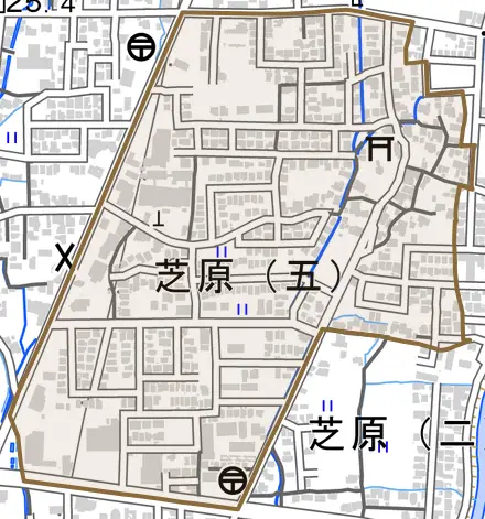 芝原五丁目とその周辺の地図。町の範囲を重ねている