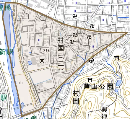 村国二丁目とその周辺の地図。町の範囲を重ねている