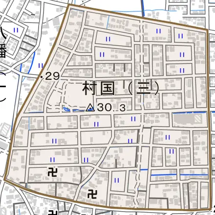 村国三丁目とその周辺の地図。町の範囲を重ねている