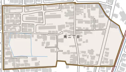 南二丁目とその周辺の地図。町の範囲を重ねている
