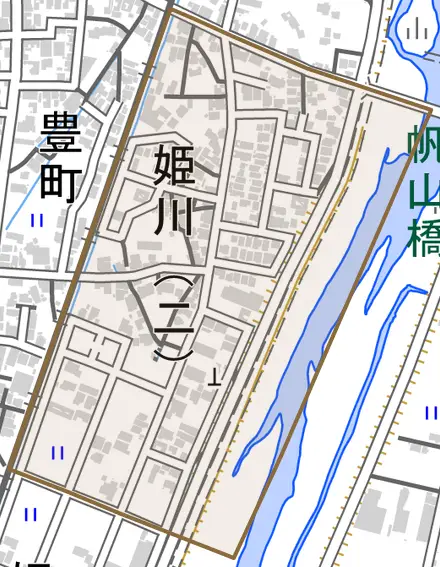 姫川二丁目とその周辺の地図。町の範囲を重ねている