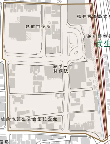 府中一丁目とその周辺の地図。町の範囲を重ねている