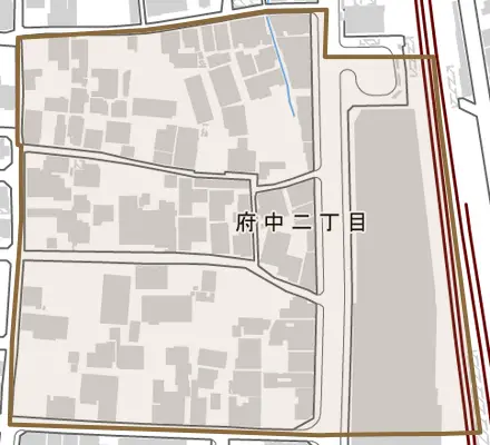府中二丁目とその周辺の地図。町の範囲を重ねている