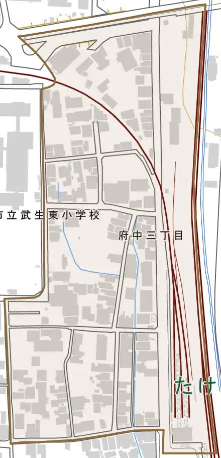 府中三丁目とその周辺の地図。町の範囲を重ねている