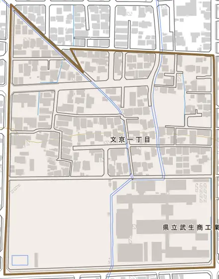 文京一丁目とその周辺の地図。町の範囲を重ねている