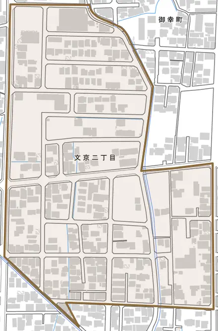 文京二丁目とその周辺の地図。町の範囲を重ねている