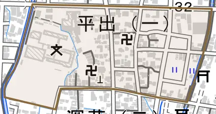 平出一丁目とその周辺の地図。町の範囲を重ねている