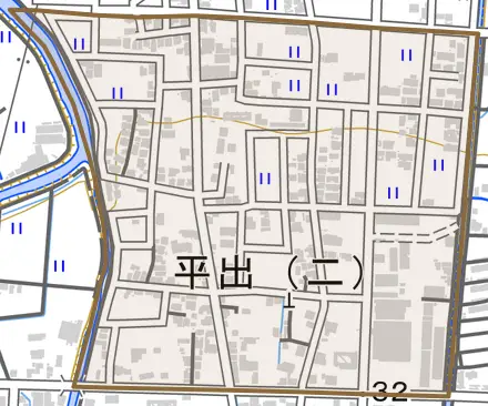 平出二丁目とその周辺の地図。町の範囲を重ねている