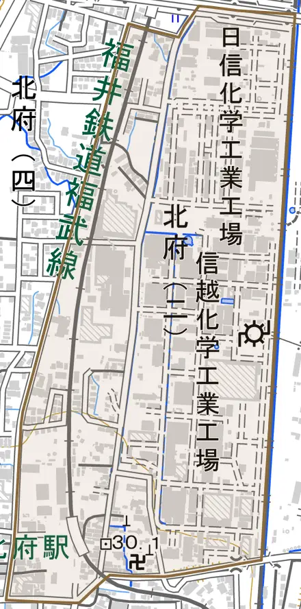 北府二丁目とその周辺の地図。町の範囲を重ねている
