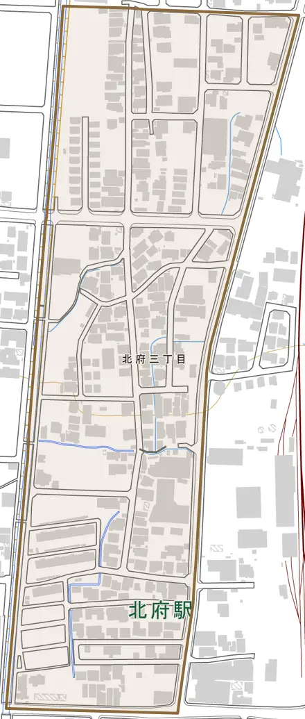 北府三丁目とその周辺の地図。町の範囲を重ねている