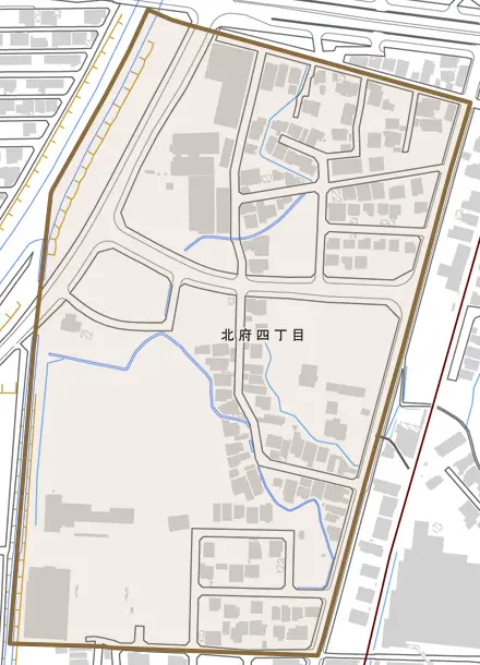 北府四丁目とその周辺の地図。町の範囲を重ねている