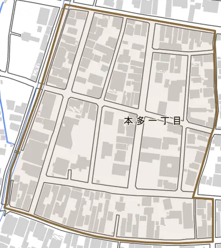 本多一丁目とその周辺の地図。町の範囲を重ねている