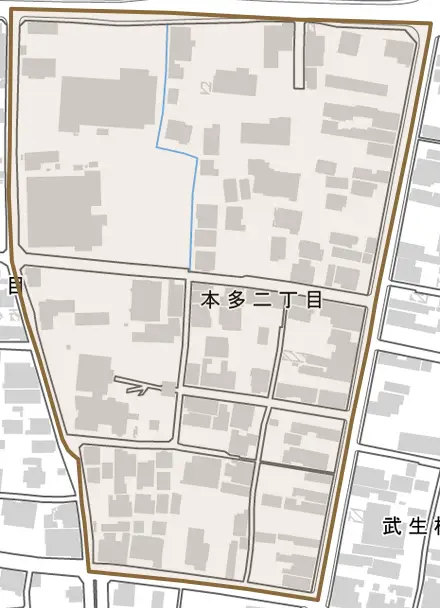 本多二丁目とその周辺の地図。町の範囲を重ねている
