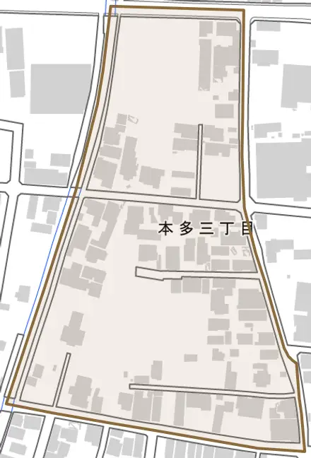 本多三丁目とその周辺の地図。町の範囲を重ねている