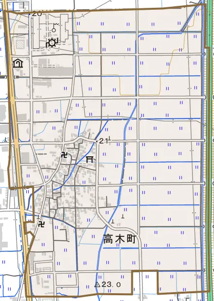 高木町とその周辺の地図。町の範囲を重ねている