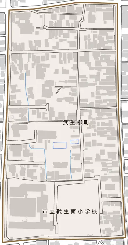 武生柳町とその周辺の地図。町の範囲を重ねている