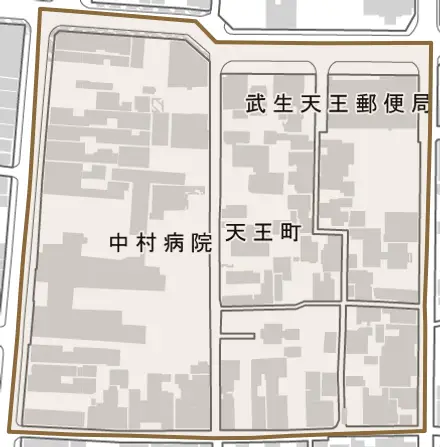 天王町とその周辺の地図。町の範囲を重ねている