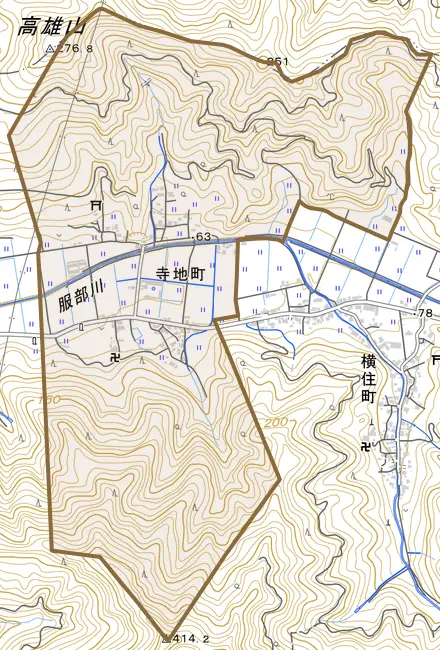 寺地町とその周辺の地図。町の範囲を重ねている