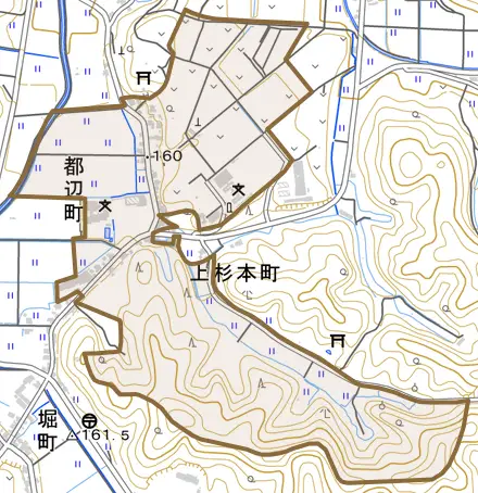都辺町とその周辺の地図。町の範囲を重ねている