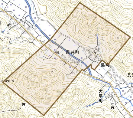 轟井町とその周辺の地図。町の範囲を重ねている