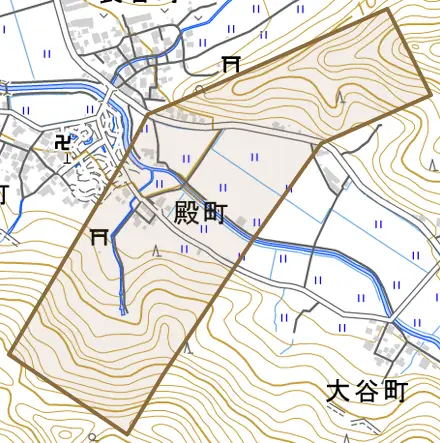 殿町とその周辺の地図。町の範囲を重ねている