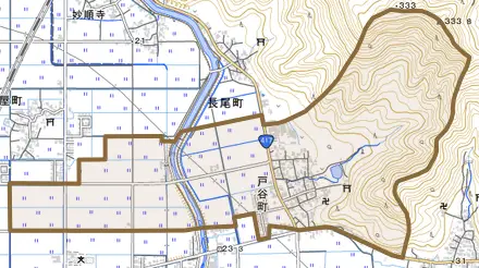 戸谷町とその周辺の地図。町の範囲を重ねている