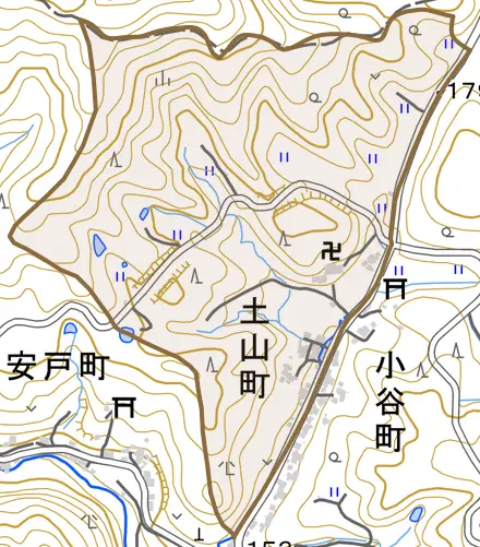 土山町とその周辺の地図。町の範囲を重ねている