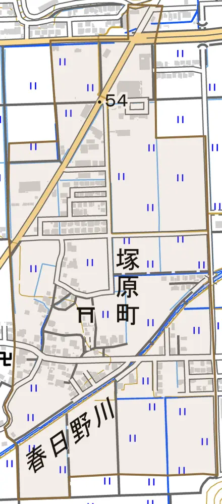 塚原町とその周辺の地図。町の範囲を重ねている