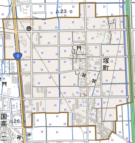 塚町とその周辺の地図。町の範囲を重ねている