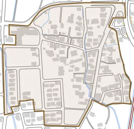 常久町とその周辺の地図。町の範囲を重ねている
