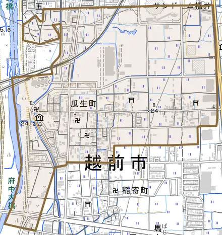 瓜生町とその周辺の地図。町の範囲を重ねている