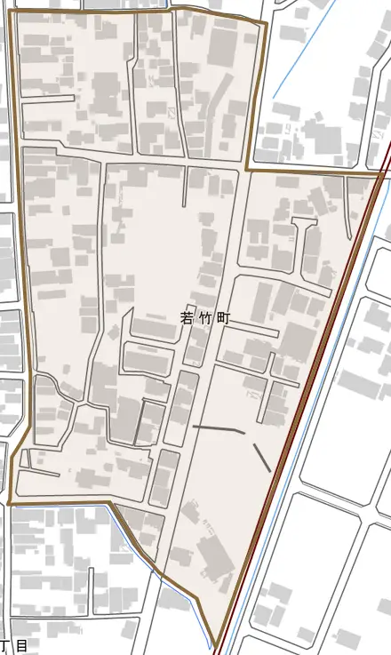 若竹町とその周辺の地図。町の範囲を重ねている