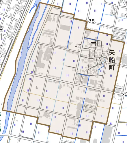 矢船町とその周辺の地図。町の範囲を重ねている