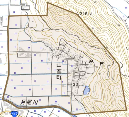 山室町とその周辺の地図。町の範囲を重ねている