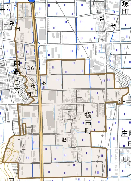 横市町とその周辺の地図。町の範囲を重ねている