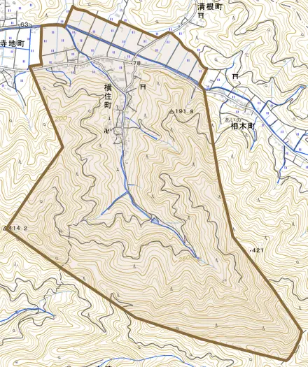 横住町とその周辺の地図。町の範囲を重ねている