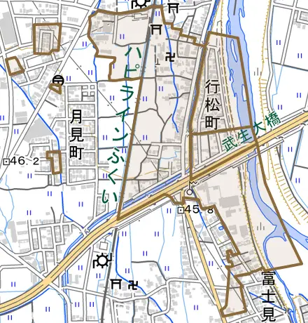 行松町とその周辺の地図。町の範囲を重ねている