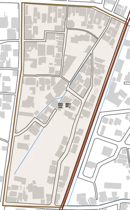 豊町とその周辺の地図。町の範囲を重ねている
