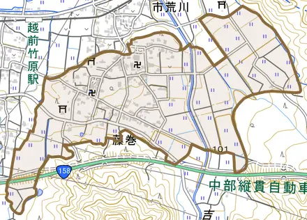 藤巻とその周辺の地図。町の範囲を重ねている