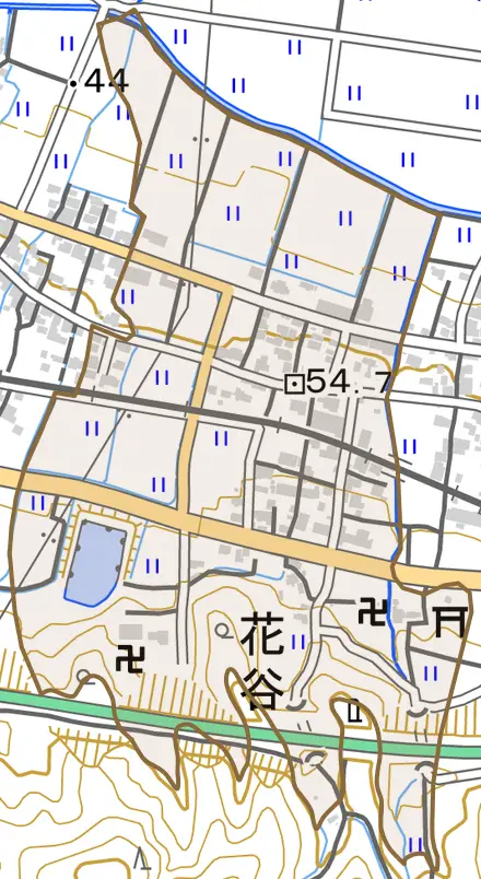 花谷とその周辺の地図。町の範囲を重ねている