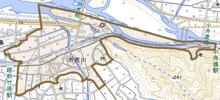 市荒川とその周辺の地図。町の範囲を重ねている