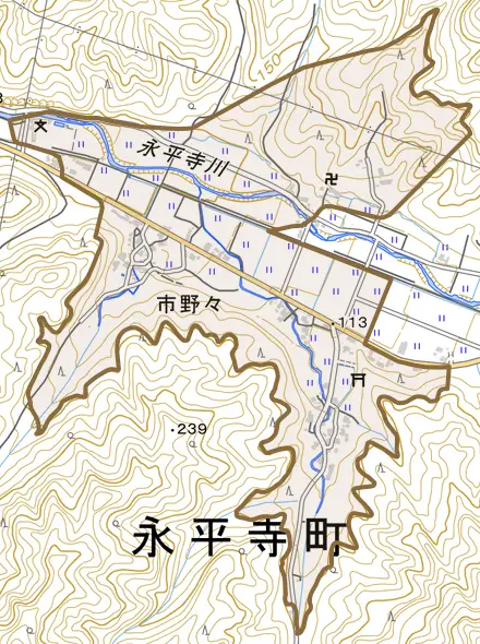 市野々とその周辺の地図。町の範囲を重ねている