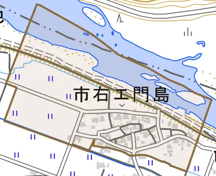 市右エ門島とその周辺の地図。町の範囲を重ねている