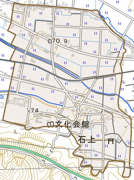 石上とその周辺の地図。町の範囲を重ねている