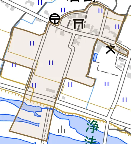 岩野とその周辺の地図。町の範囲を重ねている