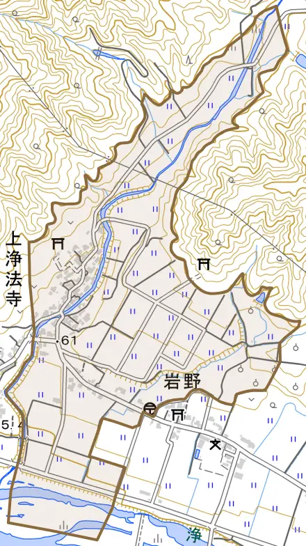 上浄法寺とその周辺の地図。町の範囲を重ねている