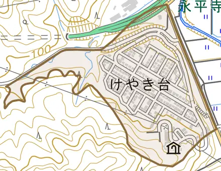 けやき台とその周辺の地図。町の範囲を重ねている