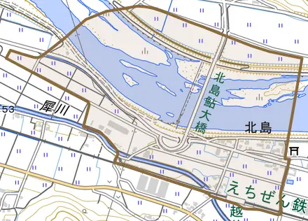 北島とその周辺の地図。町の範囲を重ねている