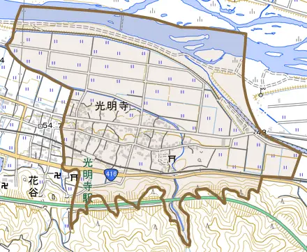 光明寺とその周辺の地図。町の範囲を重ねている
